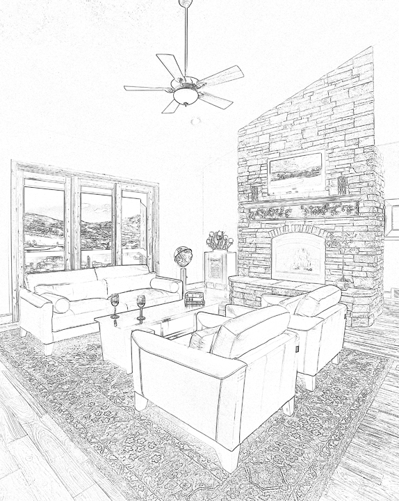 Architectural concept sketch for the Park City living room