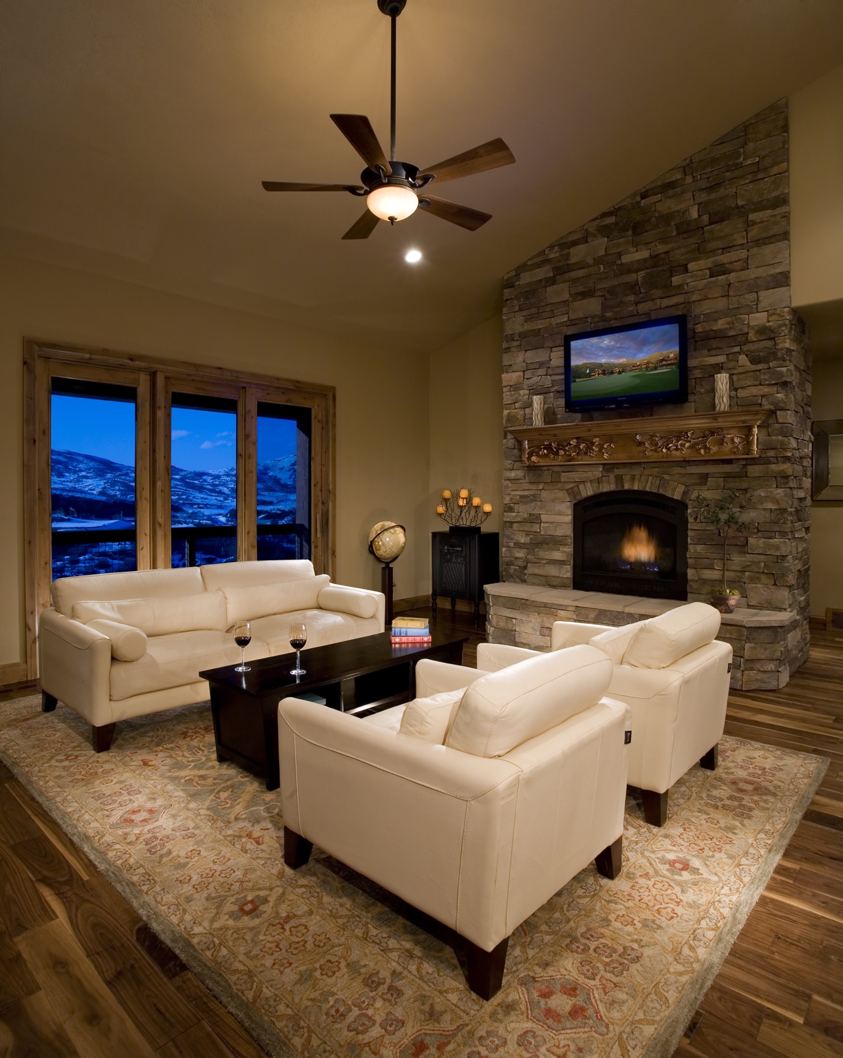 Completed Park City living room with stone fireplace