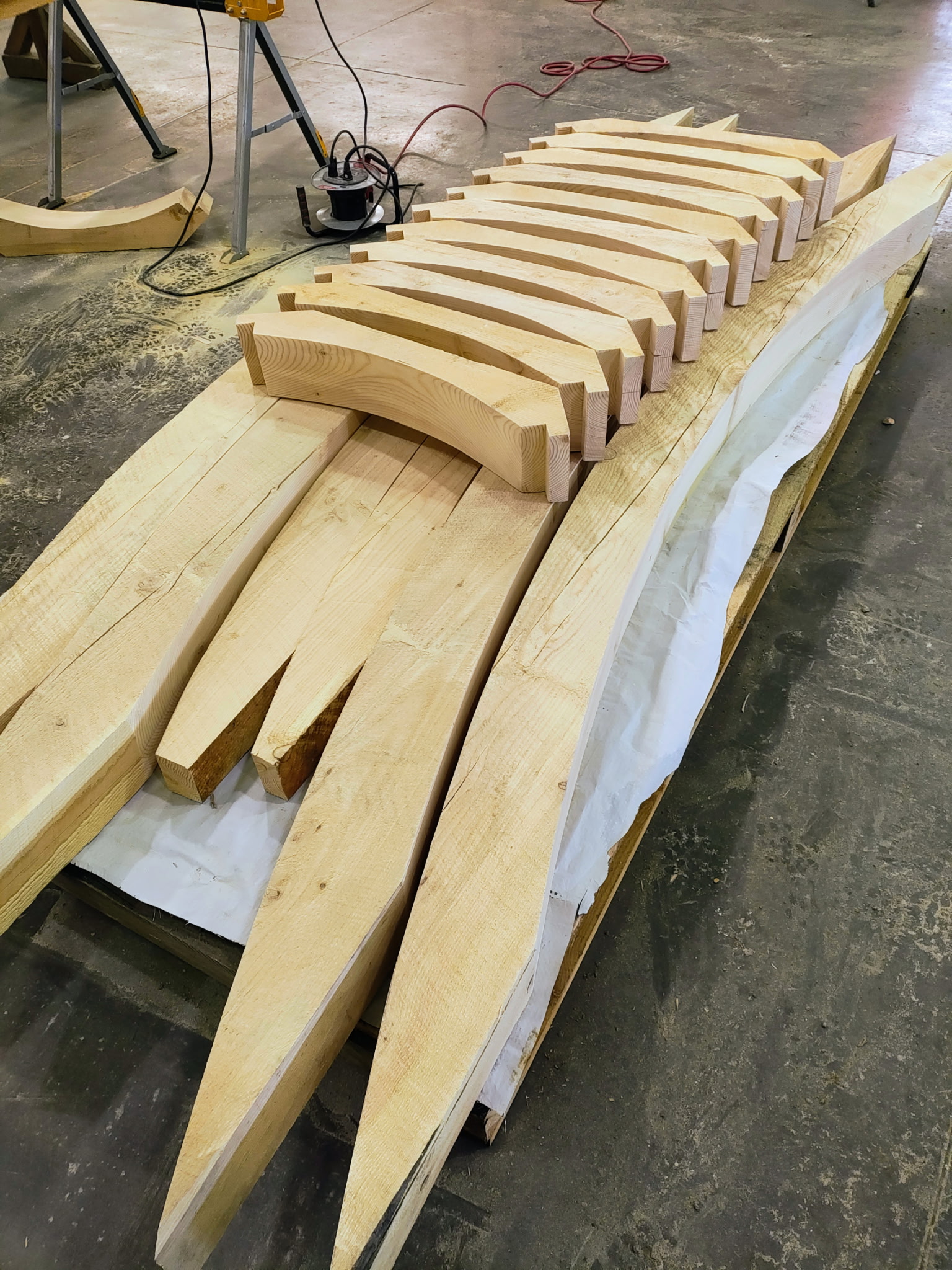 Shaped curved timber components prepared for assembly